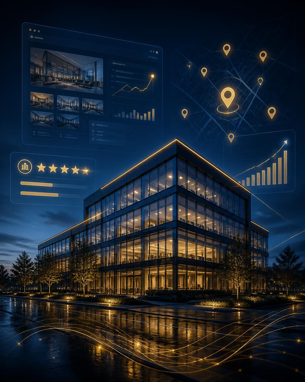 Modern commercial building with digital property overlays representing website, rankings, reviews, and local visibility