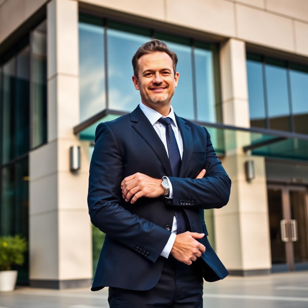 Business owner standing in front of a modern commercial building